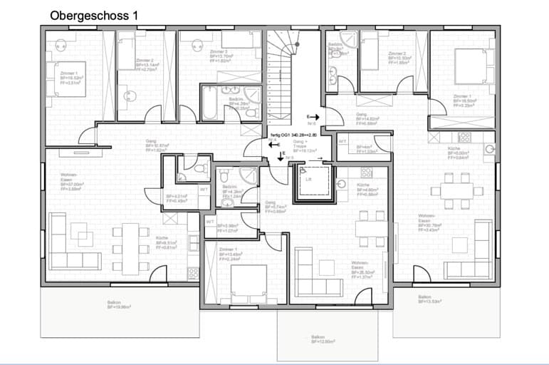 Geschossgrundriss 1. Obergeschoss mit den Planbezeichnungen 4 bis 6