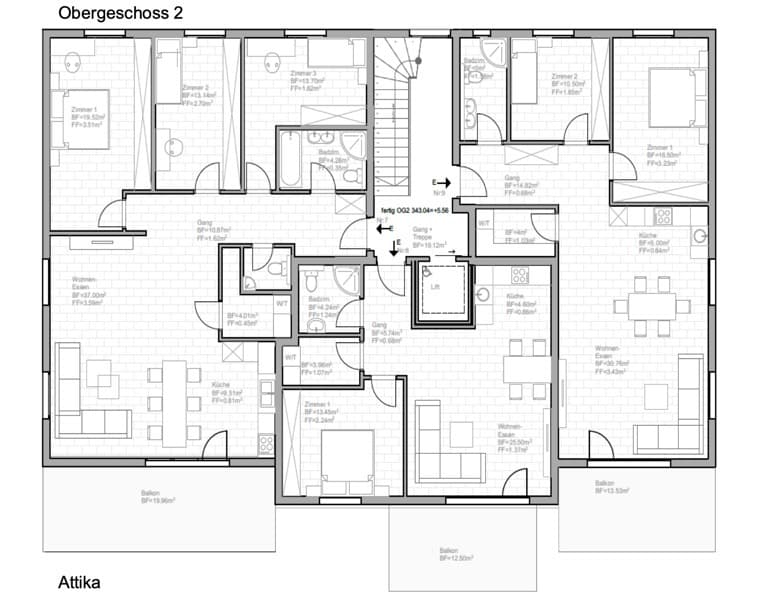 Geschossgrundriss 2. Obergeschoss mit den Planbezeichnungen 7 bis 9