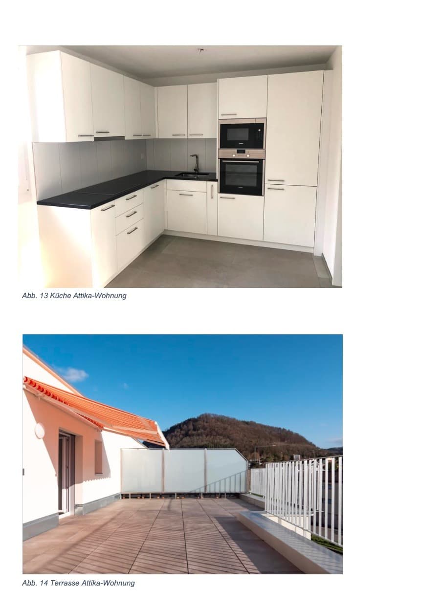 Küche und grosse Aussenfläche einer Attika-Wohnung im Weiherweg 9
