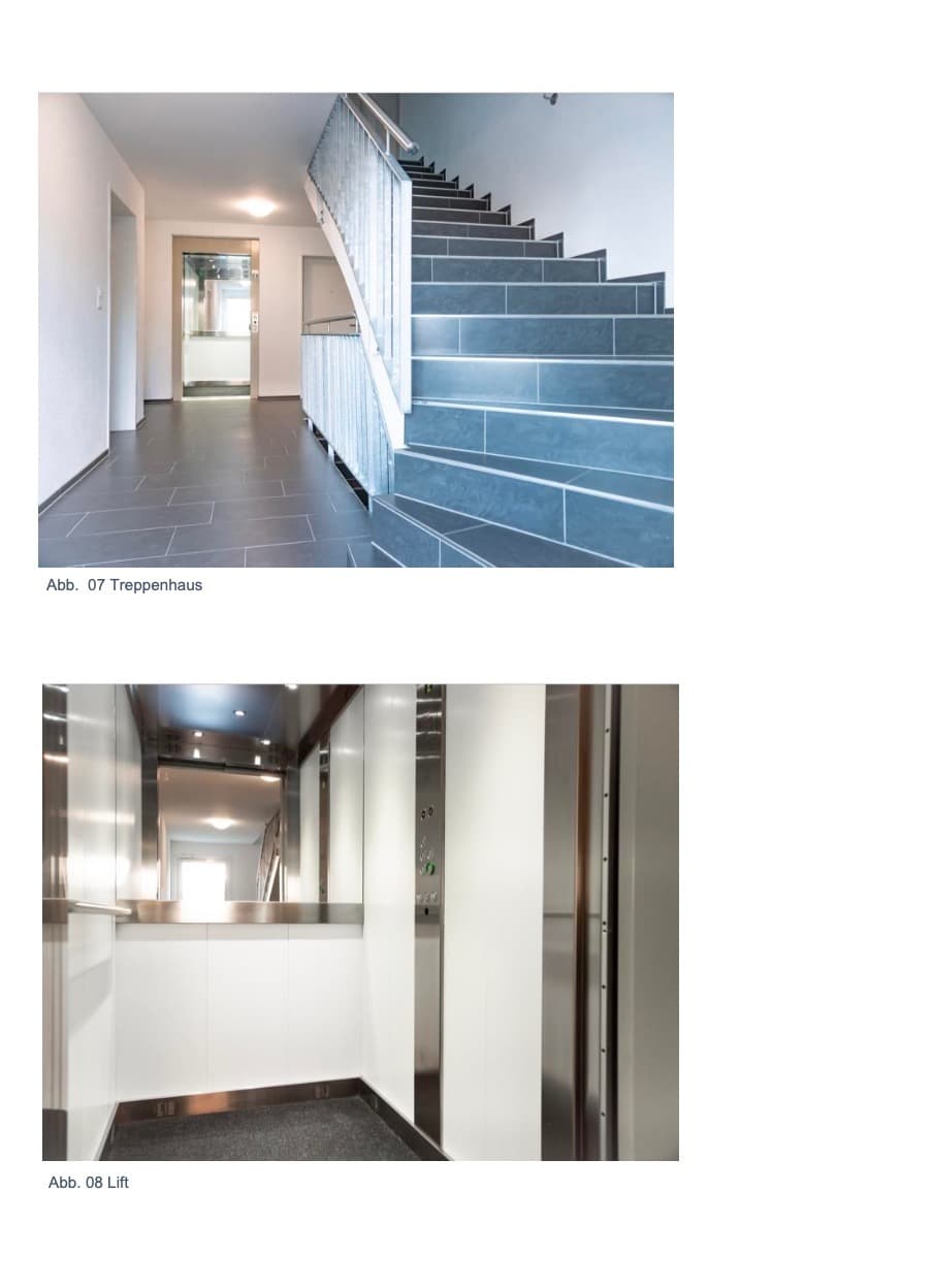 Treppenhaus und Lift des Mehrfamilienhauses Weiherweg 9